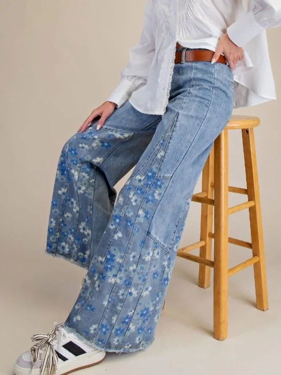 Easel Light Wash Floral print Wide leg Frayed Hem Denim Jeans - Picture 2 of 7